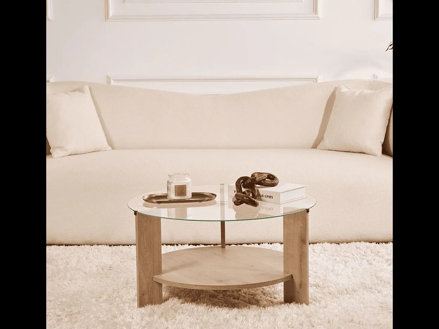 Mesa de centro con 2 tableros, uno de ellos de vidrio templado Ø75 cm - CLARA