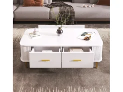 Mesa de centro con almacenaje, diseño moderno con esquinas redondeadas, MDF, blanco y dorado, 4 cajones (105 x 51 x 38 cm)