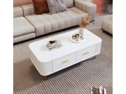 Mesa de centro con almacenaje, diseño moderno con esquinas redondeadas, MDF, blanco y dorado, 4 cajones (105 x 51 x 38 cm)
