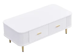 Mesa de centro con almacenaje, diseño moderno con esquinas redondeadas, MDF, blanco y dorado, 4 cajones (105 x 51 x 38 cm)