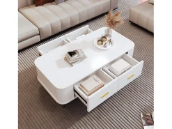 Mesa de centro con almacenaje, diseño moderno con esquinas redondeadas, MDF, blanco y dorado, 4 cajones (105 x 51 x 38 cm)