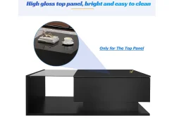 Mesa de centro con cajón grande - 100x50x32 cm - LED - tapa de cristal - Tablero de partículas - Negro brillante