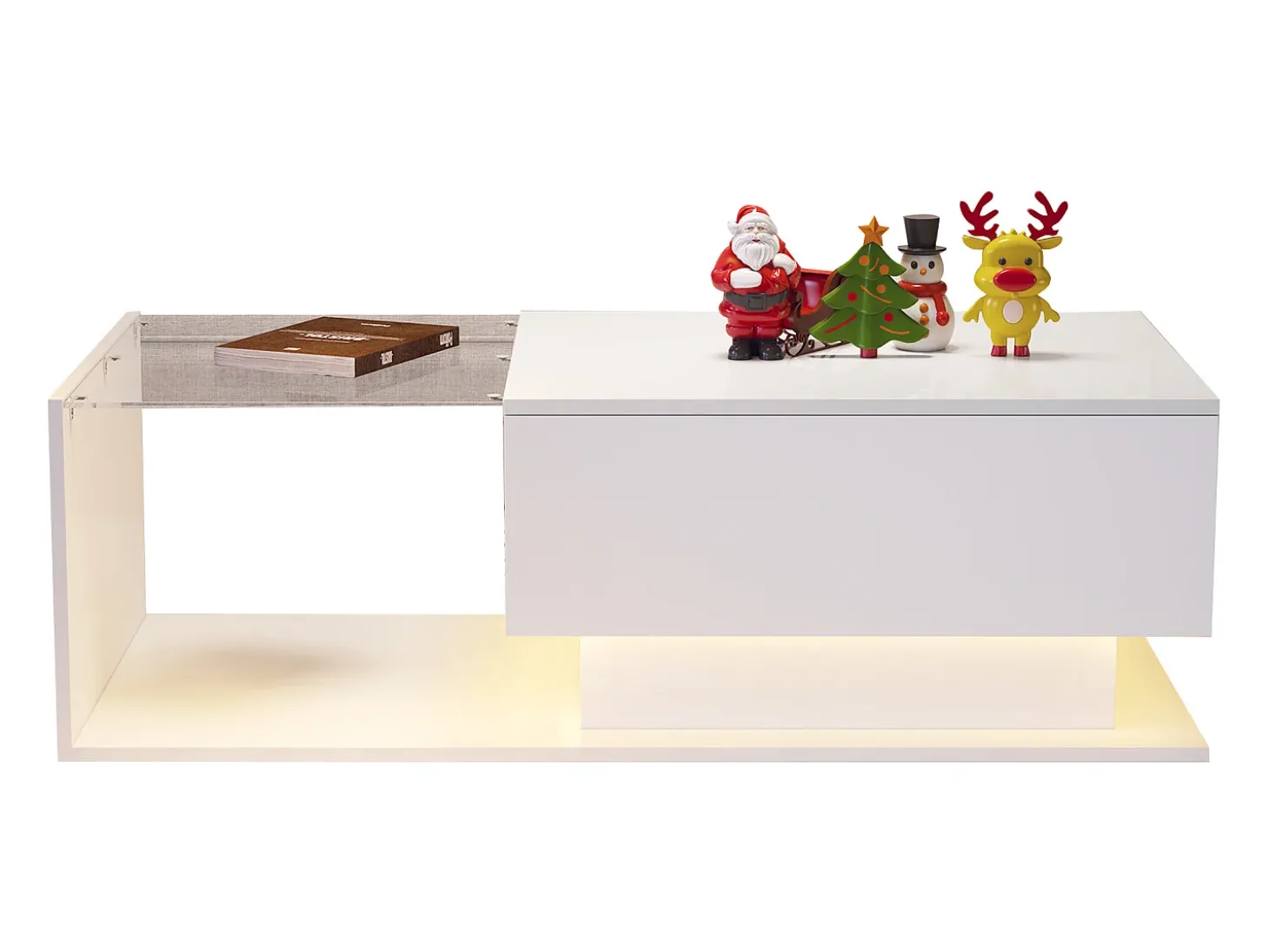 Mesa de centro con iluminación LED - con tapa de cristal y cajones - Blanco