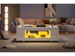 Mesa de centro con LED - 100 x 50 x 35 cm - Mesa de doble capa con Bluetooth - Tablero aglomerado + cristal templado - blanco