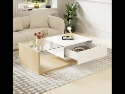 Mesa de centro con LED - vidrio y tableros de partículas - Natural