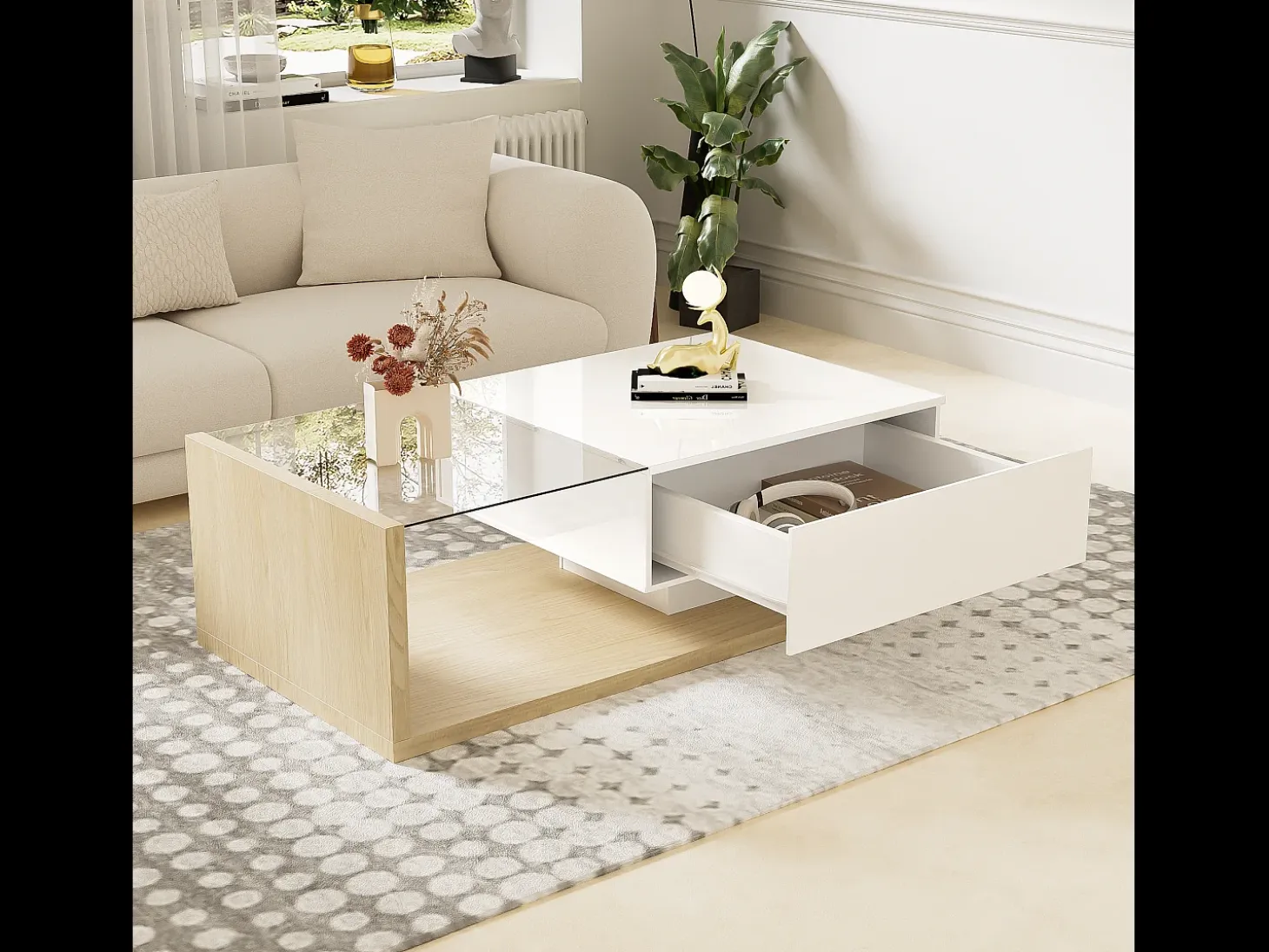 Mesa de centro con LED - vidrio y tableros de partículas - Natural