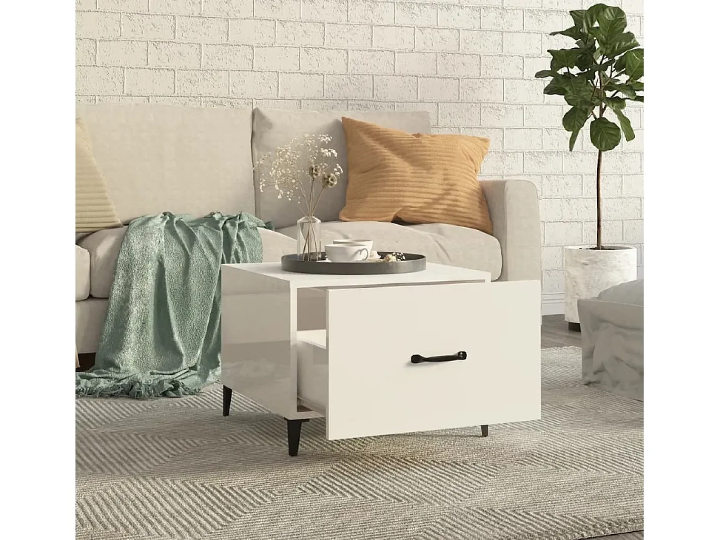 Mesa de centro con patas de metal blanco brillante 50x50x40 cm ES15337