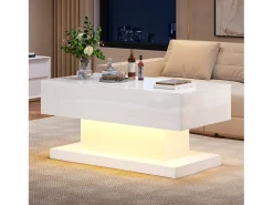 Mesa de centro con tapa elevable - 100 x 50 x 45 cm - LED - Tablero de partículas y metal - Blanco brillante