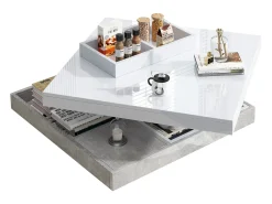 Mesa de centro cuadrada con 4 compartimentos y tablero giratorio - 70 x 70 x 36 cm - Tablero de partículas - Blanco