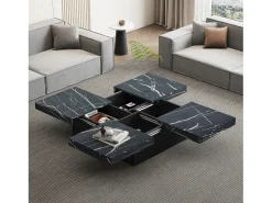 Mesa de centro cuadrada moderna - aspecto mármol - 90x90x25 cm - 4 cajones deslizantes - Negro