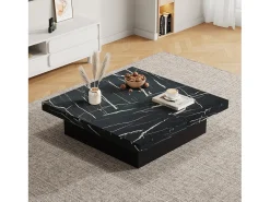 Mesa de centro cuadrada moderna - aspecto mármol - 90x90x25 cm - 4 cajones deslizantes - Negro