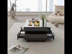 Mesa de centro de alto brillo, con tira de luz LED, 4 cajones delante y detrás, Madera de aglomerado, Negro