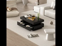 Mesa de centro de alto brillo, con tira de luz LED, 4 cajones delante y detrás, Madera de aglomerado, Negro
