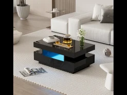 Mesa de centro de alto brillo, con tira de luz LED, 4 cajones delante y detrás, Madera de aglomerado, Negro