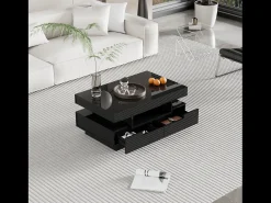 Mesa de centro de alto brillo, con tira de luz LED, 4 cajones delante y detrás, Madera de aglomerado, Negro