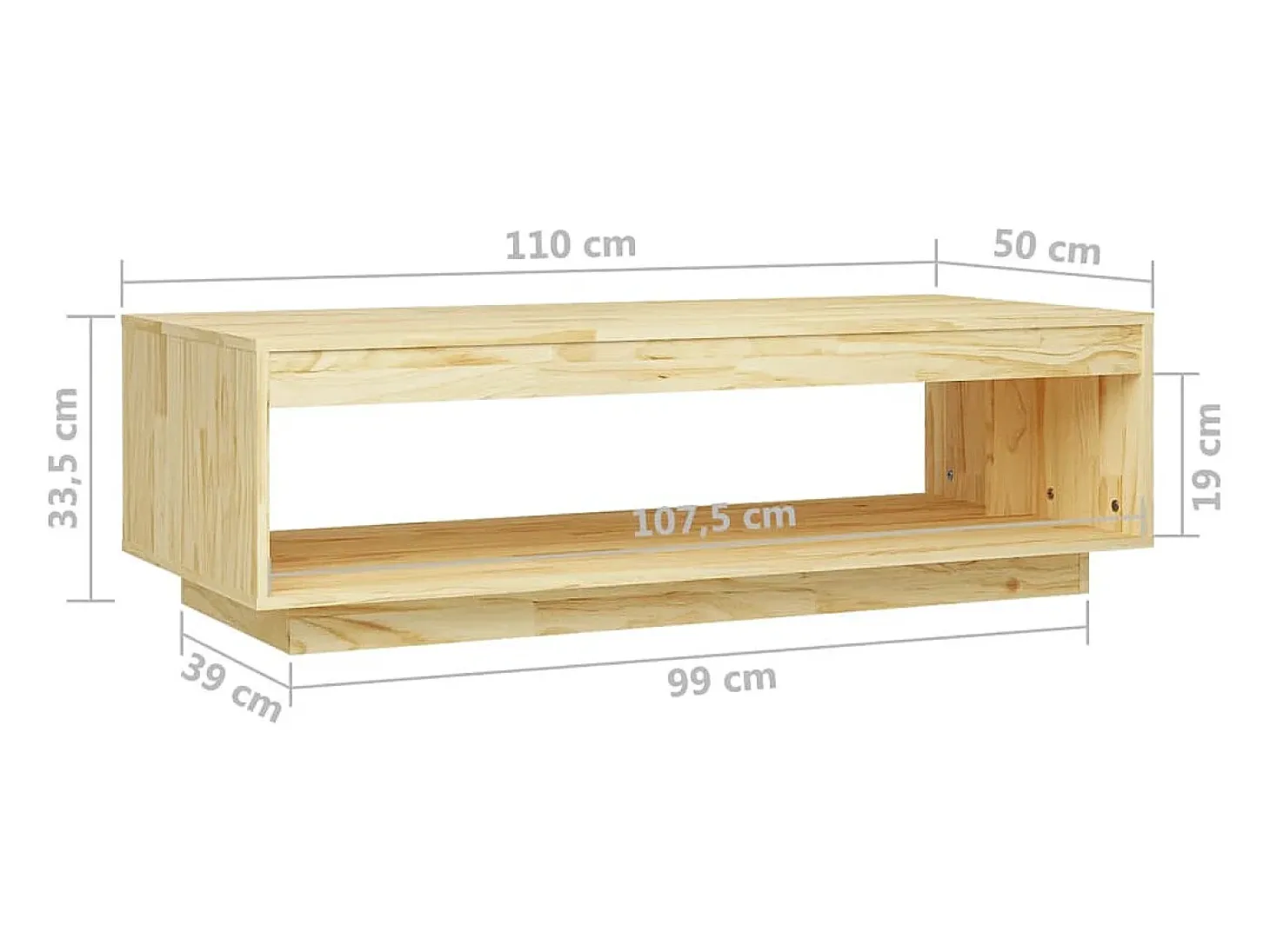 Mesa de centro de madera maciza de pino 110x50x33,5 cm