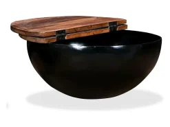 Mesa de centro de madera maciza reciclada negra en forma de bol