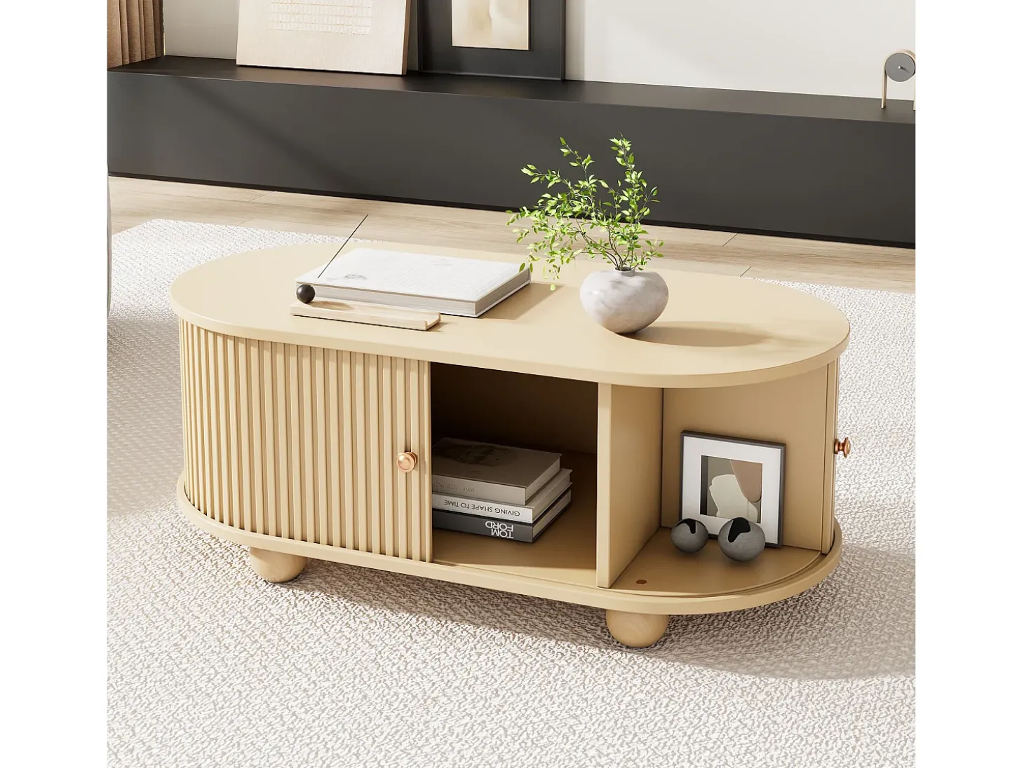 Mesa de centro de madera natural con 2 puertas correderas y 4 patas redondas de madera - Para salón