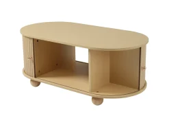 Mesa de centro de madera natural con 2 puertas correderas y 4 patas redondas de madera - Para salón