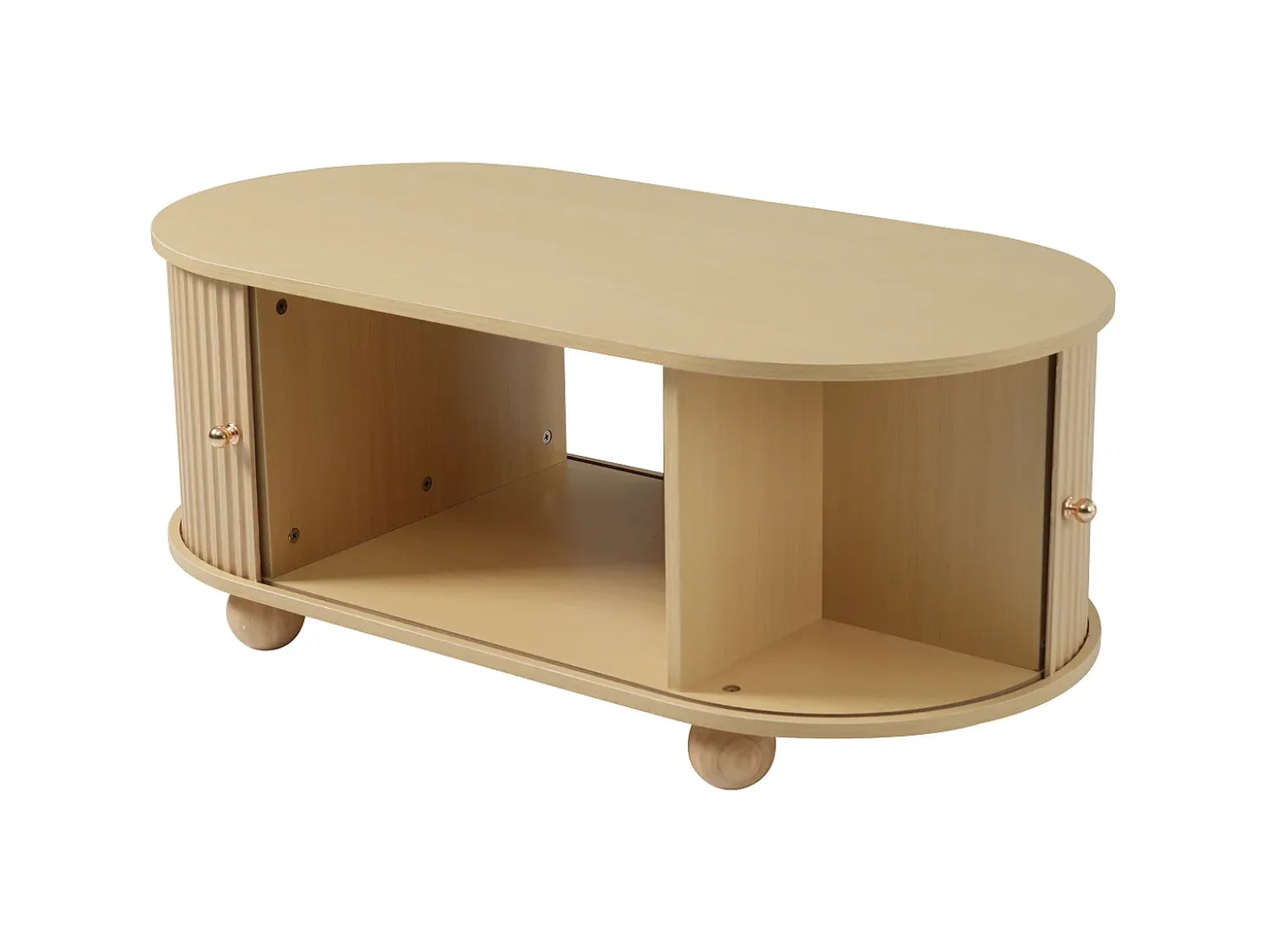 Mesa de centro de madera natural con 2 puertas correderas y 4 patas redondas de madera - Para salón