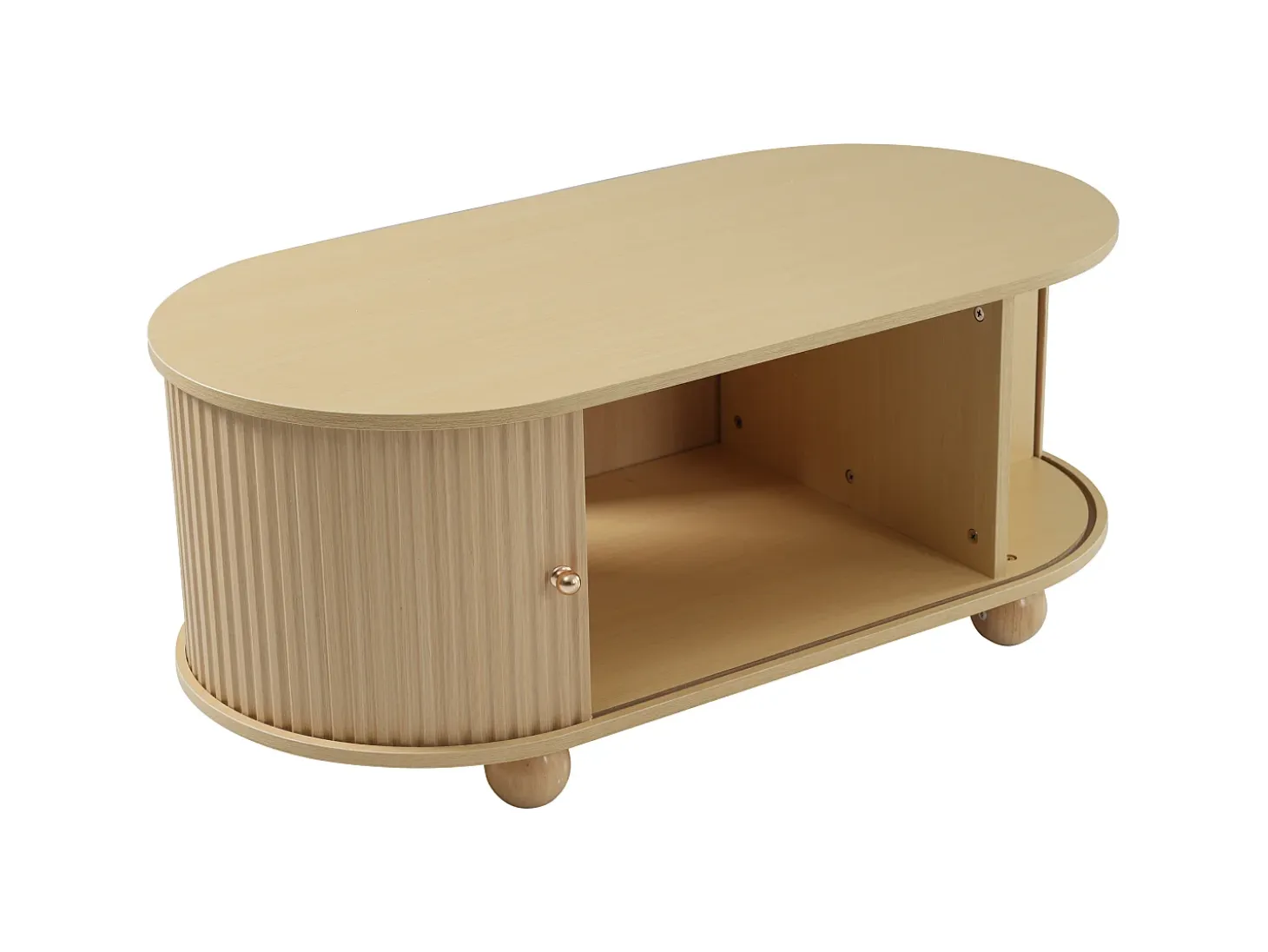 Mesa de centro de madera natural con 2 puertas correderas y 4 patas redondas de madera - Para salón