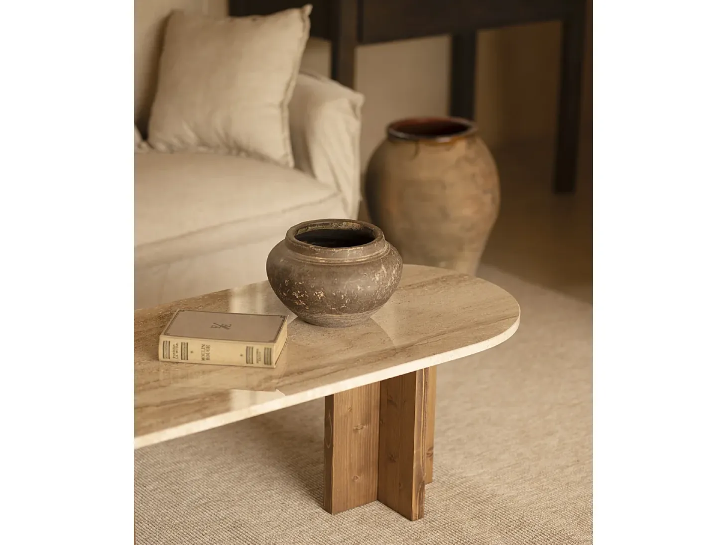 Mesa de centro de mármol daino reale y patas de madera maciza DECOWOOD de 120x50cm - TOSCANA - DECOWOOD