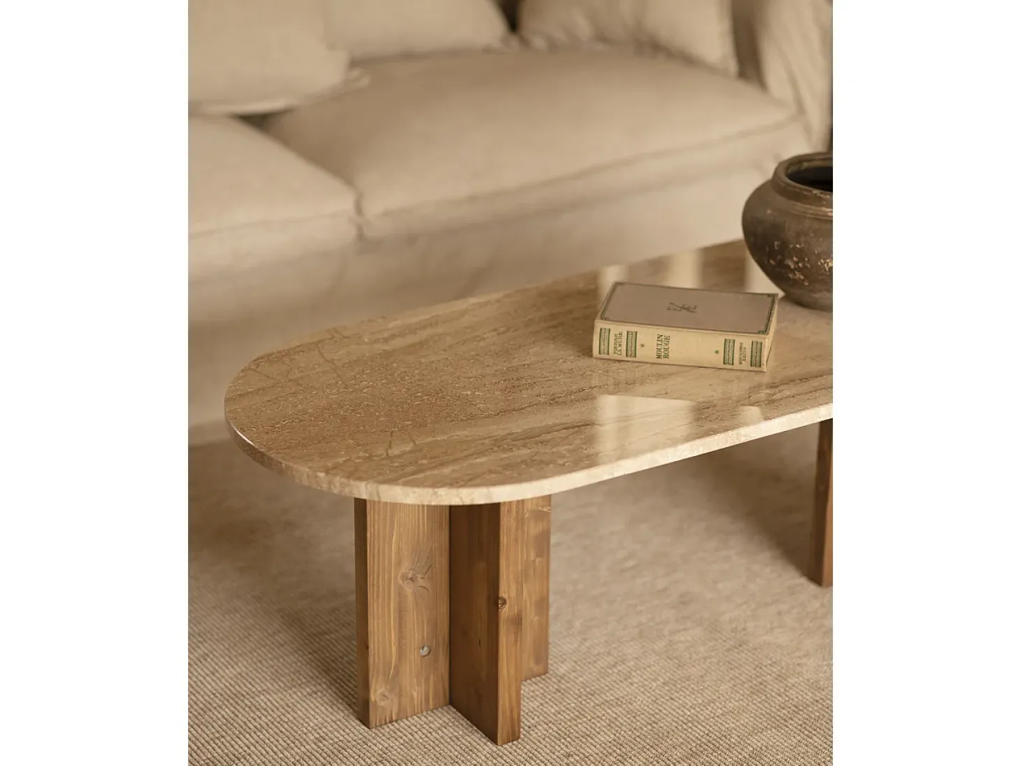 Mesa de centro de mármol daino reale y patas de madera maciza DECOWOOD de 120x50cm - TOSCANA - DECOWOOD