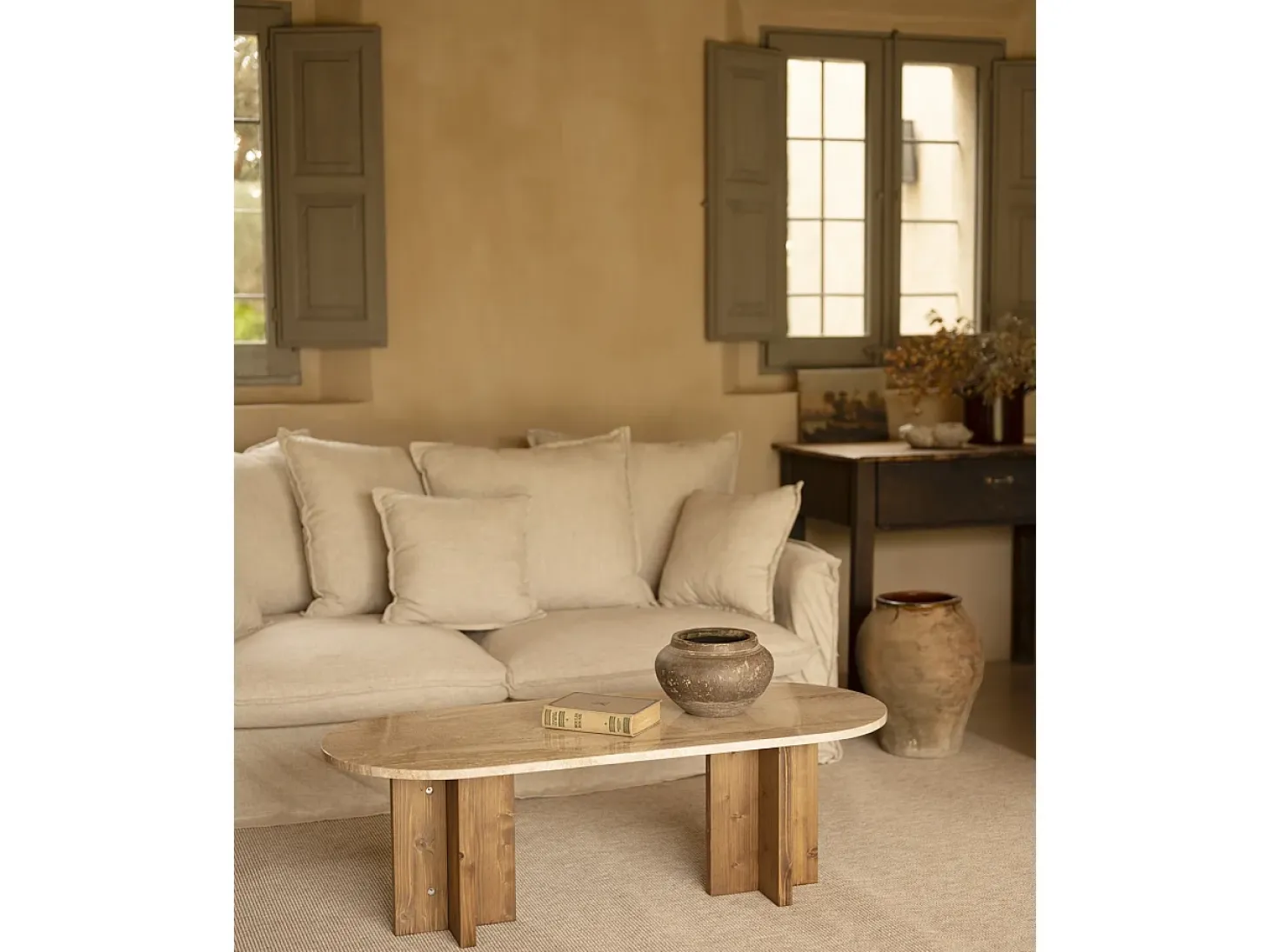 Mesa de centro de mármol daino reale y patas de madera maciza DECOWOOD de 120x50cm - TOSCANA - DECOWOOD
