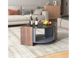 Mesa de centro de mármol y nogal: colores contrastantes, madera con cajón y almacenamiento abierto