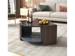 Mesa de centro de mármol y nogal: colores contrastantes, madera con cajón y almacenamiento abierto