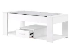 Mesa de centro de salón con tapa de cristal, taquillas y almacenaje, Estructura de madera de aglomerado, Moderno, Blanco, 100x50x40cm