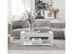 Mesa de centro de salón con tapa de cristal, taquillas y almacenaje, Estructura de madera de aglomerado, Moderno, Blanco, 100x50x40cm