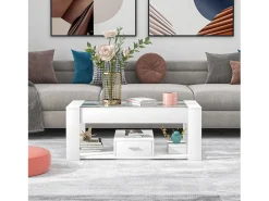 Mesa de centro de salón con tapa de cristal, taquillas y almacenaje, Estructura de madera de aglomerado, Moderno, Blanco, 100x50x40cm