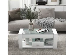 Mesa de centro de salón con tapa de cristal, taquillas y almacenaje, Estructura de madera de aglomerado, Moderno, Blanco, 100x50x40cm