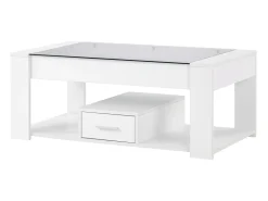 Mesa de centro de salón con tapa de cristal, taquillas y almacenaje, Estructura de madera de aglomerado, Moderno, Blanco, 100x50x40cm