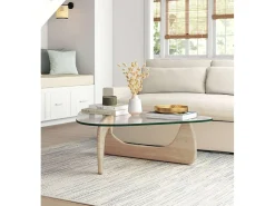 Mesa de centro de 40x110x70 cm con sobre ovalado de cristal y patas en acabado roble Lucy