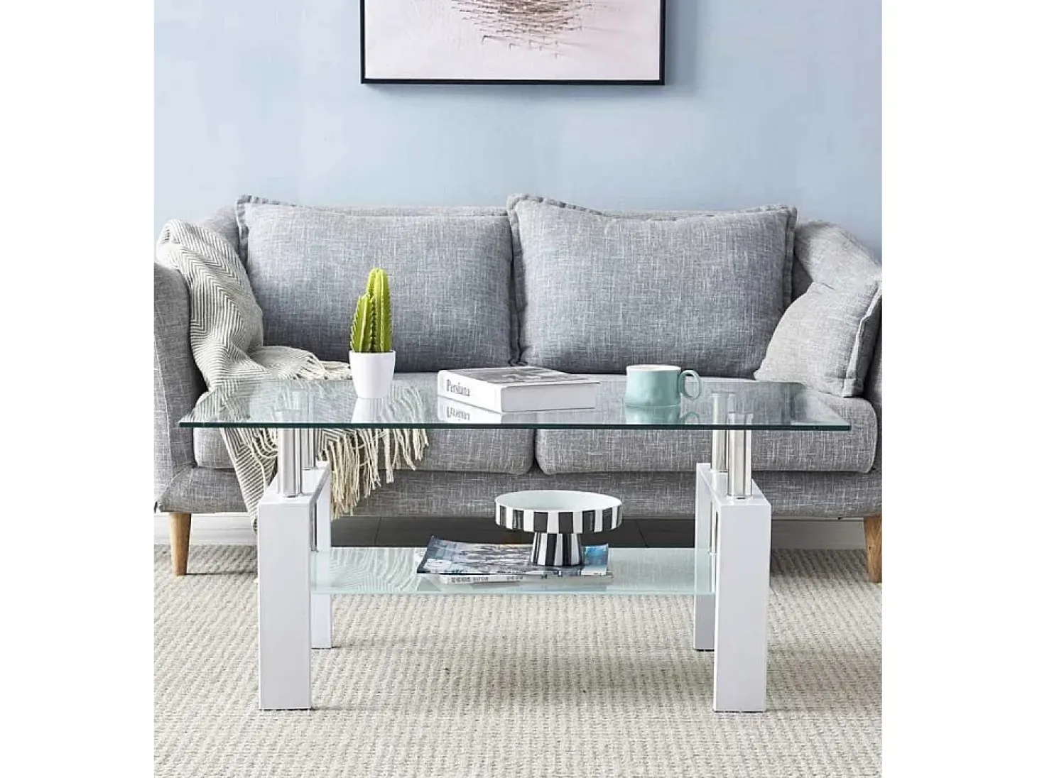 Mesa de centro de 43x100x60 cm con sobre de cristal y patas blancas Kendra