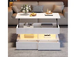 Mesa de centro elevable - 120 x 50 x 46 cm - almacenaje oculto + LED + 2 cajones - MDF + cristal templado - blanco