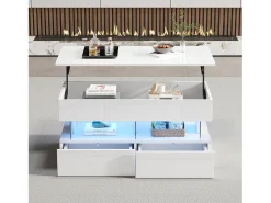 Mesa de centro elevable - 120 x 50 x 46 cm - almacenaje oculto + LED + 2 cajones - MDF + cristal templado - blanco