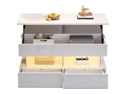 Mesa de centro elevable - 120 x 50 x 46 cm - almacenaje oculto + LED + 2 cajones - MDF + cristal templado - blanco