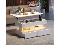 Mesa de centro elevable - 120 x 50 x 46 cm - almacenaje oculto + LED + 2 cajones - MDF + cristal templado - blanco