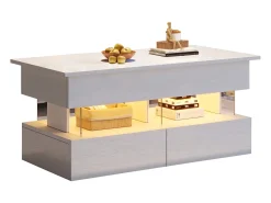 Mesa de centro elevable - 120 x 50 x 46 cm - almacenaje oculto + LED + 2 cajones - MDF + cristal templado - blanco