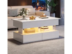 Mesa de centro elevable - 120 x 50 x 46 cm - almacenaje oculto + LED + 2 cajones - MDF + cristal templado - blanco