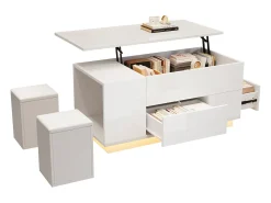 Mesa de centro elevable 4 en 1 - 100 x 50 x 45 cm - con LED + 2 cajones + 2 taburetes - aglomerado - blanco