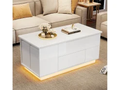 Mesa de centro elevable 4 en 1 - 100 x 50 x 45 cm - con LED + 2 cajones + 2 taburetes - aglomerado - blanco