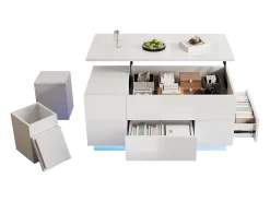 Mesa de centro elevable 4 en 1 - 100 x 50 x 45 cm - con LED + 2 cajones + 2 taburetes - aglomerado - blanco
