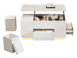 Mesa de centro elevable 4 en 1 - 100 x 50 x 45 cm - con LED + 2 cajones + 2 taburetes - aglomerado - blanco