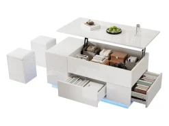 Mesa de centro elevable 4 en 1 - 100 x 50 x 45 cm - con LED + 2 cajones + 2 taburetes - aglomerado - blanco