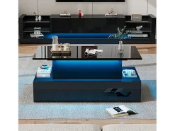 Mesa de centro elevable - 90 x 55 x 41 cm - moderna de alto brillo con LED + 4 cajones - aglomerado - negro