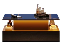 Mesa de centro elevable - 90 x 55 x 41 cm - moderna de alto brillo con LED + 4 cajones - aglomerado - negro